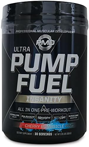 PMD Sports Ultra Pump Fuel Insanity - Pre Workout Drink Mix for Energy, Strength, Endurance, Recovery - Complex Carbohydrates and Amino Energy - Cherry Bombsicle (30 Servings)
