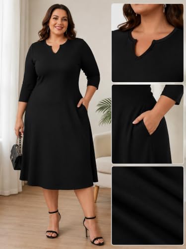 Image of PinkPatty Women's Casual 3 /4 Sleeve Midi Dresses Fit and Flare Church Work Dress with Pockets