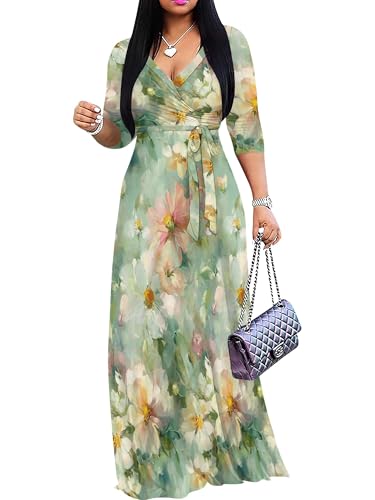 Image of Plus Size Dresses for Women Floral Print Maxi Dress Flowy 3 /4 Sleeve with Belt