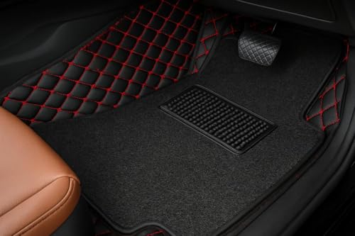 Image of Mr Mattie 7D Car Floor Mat for BYD Sealion 7 (2024-2026)| 7D Premium Faux Leather II Luxury Mat II 7 Layer Protection | Custom Fitted Car Floor Tray Mats -Black with Red