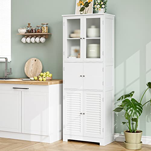 Hostack 67” Tall Bathroom Storage Cabinet, Kitchen Pantry Cabinet With Glass Doors And Shelves, Freestanding Floor Cabinet Cupboard For Bathroom, Living Room, Home Office, White #TOP15