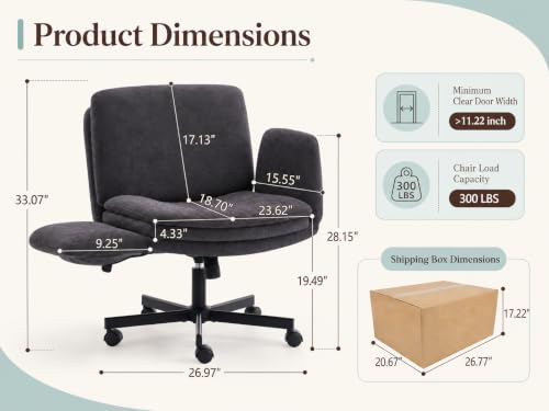 Image of Armrests Criss Cross Chair - Wide Comfy Swivel Vanity Chairs with Wheels, Comfortable Adjustable Home Office Desk Computer Chair for Reading Room, Bedroom, Makeup Room (Dark Gray)