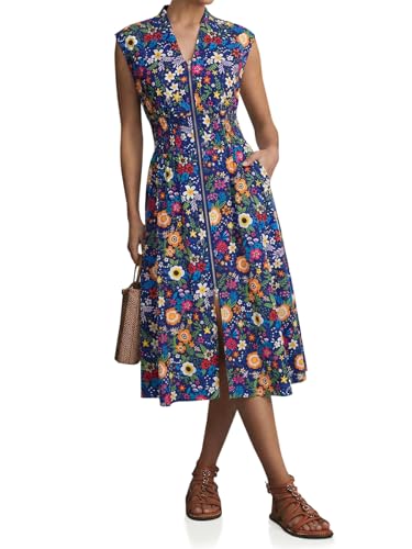 Image of Wenrine Womens Smocked Midi Dress Zipper V Neck Long Summer Dresses | zip front, empire waist, cap sleeve, flowy, a line, high slit, casual midi dress