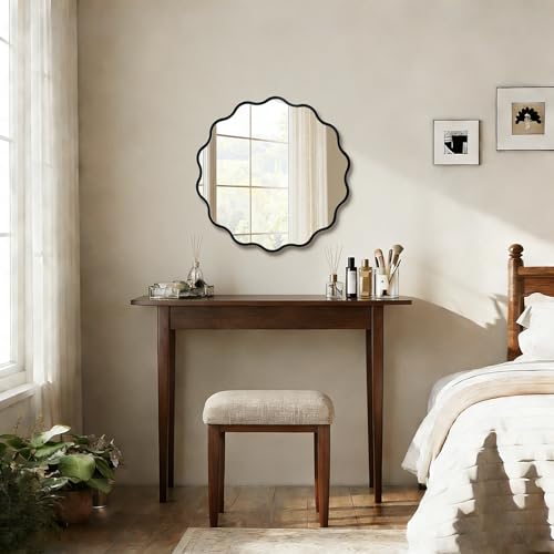 Image of Small Black Wavy Round 17 inch Scalloped Modern Wall Vanity Decor Mirror