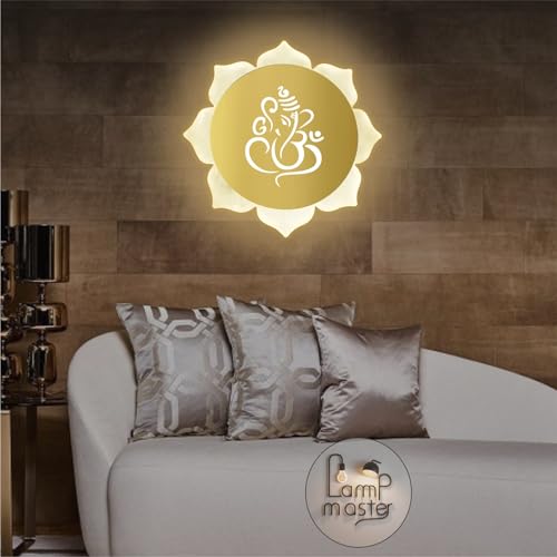 Image of Flower Ganpati LED Wall Light - Gold & Frosted Acrylic | 23cm | Warm White | Ideal for Temple, Living Room, Bedroom, Pooja Room, Mandir, Shops, Hotel (Flower - Ganesh - Gold)