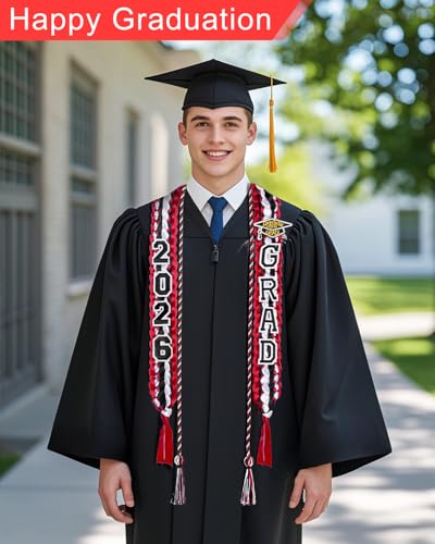 Image of Yigney Graduation Lei Set Class of 2026 Grad Ribbon Leis with Honor Cord Double Braided Graduate Leis for Men Women Red Black White