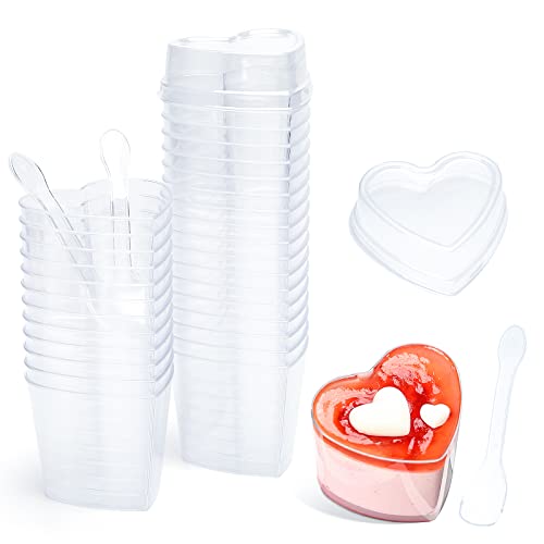 CoKeeSun Juego de 30 tazas de postre con tapa y cucharas, 5,3 oz/150 ml, forma de corazón, vasos de postre, reutilizables, vasos de postre de plástico para fiesta de postre, pudín mousse helado Cover
