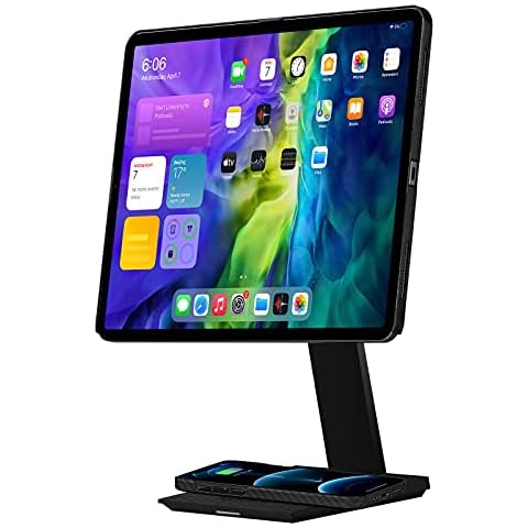 pitaka iPad Magnetic Stand Adjustable iPad Stand for Desk [MagEZ Stand] iPad Holder Stand with 15W Smartphone Wireless Charging Base, Compatible with All Tablets & MagEZ Case 2 for iPad Pro/Air Cover