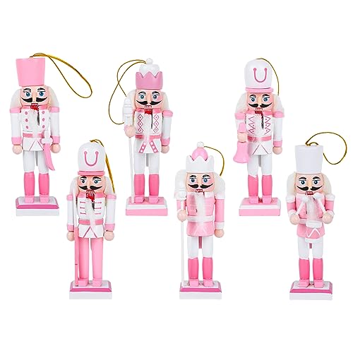 6 Wooden Nutcracker Soldiers - 12cm Pink Traditional Christmas Nutcracker Ornaments for Tree & Table Gifts