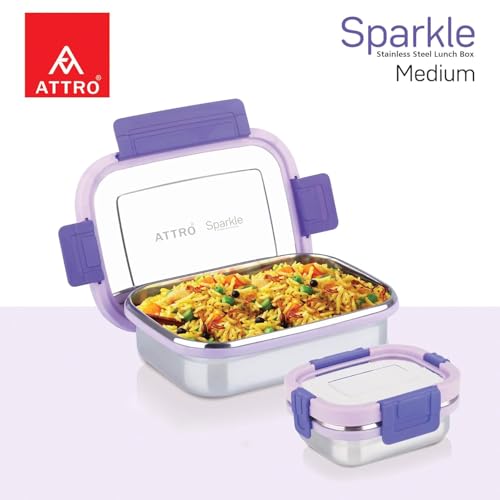 Image of ATTRO Sparkle Medium Stainless Steel Lunch Box 2-Piece Set - 800ml + 150ml - Leak-Proof, BPA-Free, Compact & Durable - Ideal for Kids, Office, Travel - Purple