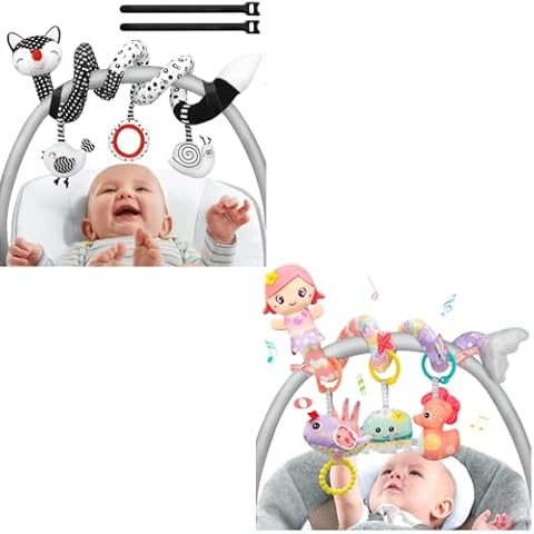 MONSTIME Black and White Baby Toys & Mermaid Musical Car Seat Toys, Carseat Toys Hanging, Infant Toys 0-6 Months Baby Toys Newborn Toys 0 3 Months Brain Development, Spiral Hanging Stroller Toys Cover