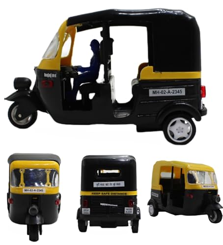 Image of NeoKiddo Toys Neoinsta Pull Back CNG Auto Rickshaw Toy for Kids | 3 Wheeler Autorickshaw Tricycle Vehicle With Driver (Black)