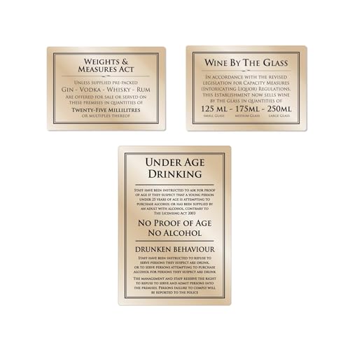 Mileta Weights & Measures Act 25ml Sign & Wine by the Glass 125ml 175ml 250ml & Under Age Law Sign Black - Pack of 3 Signs