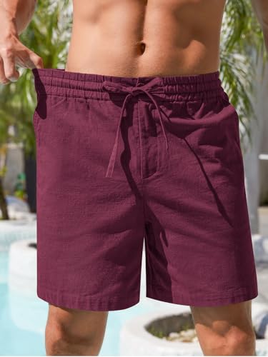 Image of RQP Mens Cotton Linen Shorts Casual Drawstring 7inch Inseam Shorts Stretch Summer Beach Wear