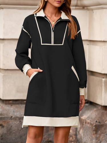 Wenrine Women's Oversized Sweatshirt Dress Half Zip V Neck Long Sleeve Contrast Fall Casual Mini Dresses2