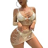 QCWQMYL Babydoll Lingerie for Women Naughty for Play Off-Shoulder Top and Hip Skirt 2 Piece Set Lace Fishnet Bodysuit