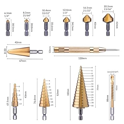 NordWolf 12-Piece HSS Titanium Metric Step, Countersink, Cone Drills with 1/4 Hex Shank, Multi Drill Saw & Automatic Center Punch Set in Storage Case