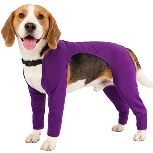 Image of BRKURLEG 4-Leg Dog Recovery Suit, Leg Wound Protector, Purple S | Soft Surgical Onesie Protects Leg Wounds, Elbow & Knee Cover, Warm Dog Legs, Cone Alternative, Allows Easy Potty Access