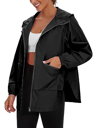 PESION Womens Waterproof Raincoat Lightweight Rain Jacket Trench Coat Hooded Windbreaker With Pockets for Outdoor