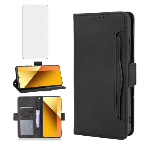 Asuwish Compatible With Xiaomi Redmi Note 13 5G Wallet Case Tempered Glass Screen Protector Card Holder StLeather Flip Cell Accessories Phone Cover for Redmi Note13 Women Men Black