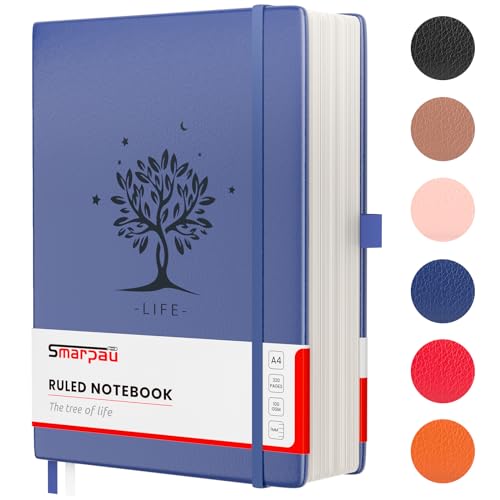 Smarpau Large A4 Lined Notebook, 320 Pages Ruled Notebook Thick Journal 100gsm No Bleed Paper with Index Tabs, Leather Hardcover Journal Notebook for Women Men Work School Office - Blue