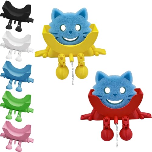 2PC Cute Hanging Sponge Holder with Drainage, 3D Printed Sponge Holder for Kitchen Sink, Funny Sponge Stand Suitable for Scurb Daddy, Peeing Scrub Sponge Holder (Red+Yellow)