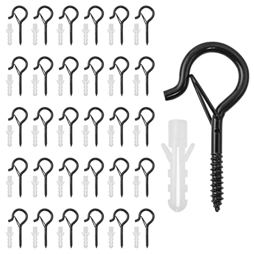 Hevysuo 30 Piezas Ganchos de Tornillo de Acero al Carbono M4 Negro con Clips de Seguridad,30 Tubos de expansión,Ganchos de Techo Para Colgar Tazas,Macetas,Adornos Navideños y Más
