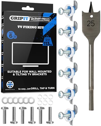 GripIt Drywall TV Anchor Fixing Holds Up to 250 Pounds or 113 Kilograms of Weight. Perfect for Securing Any Flat Screen TV. Removable and Reusable Screws - (4 Fixings, Drill Bit, 4 Bolts and Washers)