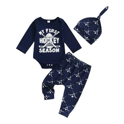 Image of Seyurigaoka Newborn Baby Boy Hockey Outfit My First Hockey Season Romper Long Pants Hat Set Infant Sports Outfit