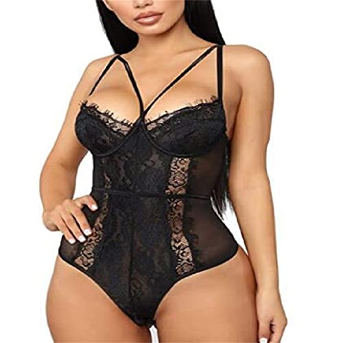 Body de Encaje para Mujer Lencería Fina Mono Elegante Pijama Interior Femenina (Black, S)