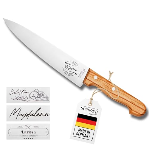 LOOXIS Personalisiertes Kochmesser mit Namen graviert – Made in Germany, Olivenholz-Griff, 20 cm Klinge, rostfrei, Spezialstahl – extra scharfes...