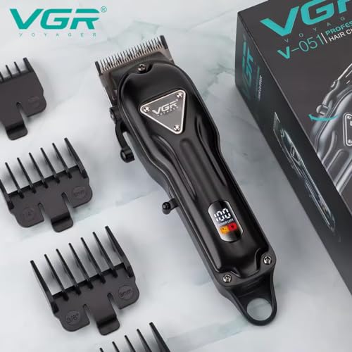 Image of VGR V-051 Professional Hair Clipper, Salon Trimmer for men, Digital Display, Ceramic & Powder Metallurgic Blades, 2500mAh Lithium Battery, 300 minutes Runtime, 4 Guide Combs (Black) 2 Year Warranty