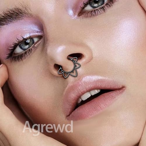 Agrewd Piercing de septum minimaliste en forme de fleur de lotus G23 en titane solide 16 G 316L en acier inoxydable pour septum et daith 8/10 mm pour homme et femme – vue 6