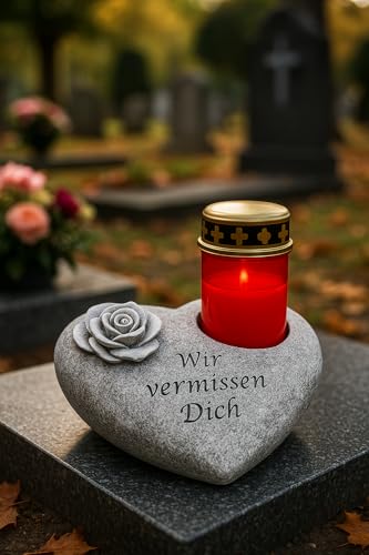 NECESITAS Grabschmuck Wetterfest | Herz als perfekte Grabdekoration | Deko-Gedenkstein mit LED-Grablicht | Herz Deko für den letzten Weg | Perfekt für den Todestag oder Allerheiligen