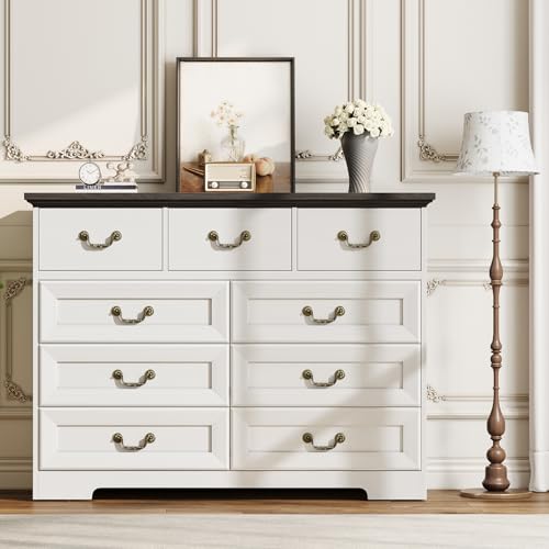 Dresser for Bedroom with 9 Drawers, 47" Wide Vintage Chest of Drawers with Metal Handle & Natural Texture, Wood Dresser for Closet with Two Different