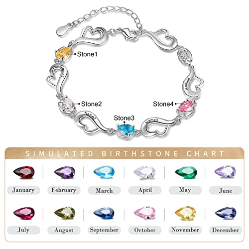 JewelOra Personalized Simulated Birthstones Bracelet for Women, Custom Heart Link Bracelet Engraved 1-6 Name Link Chain Charm Bracelet Adjustable Chain Gift for Birthday Valentines Day(4 Name) - Thumbnail 2