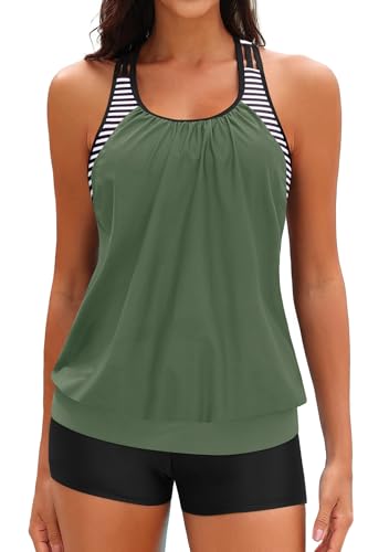 Image of Yonique Two Piece Tankini Bathing Suits T-Back Blouson Swim Tops with Boy Shorts Women Swimsuits Sporty Swimwear