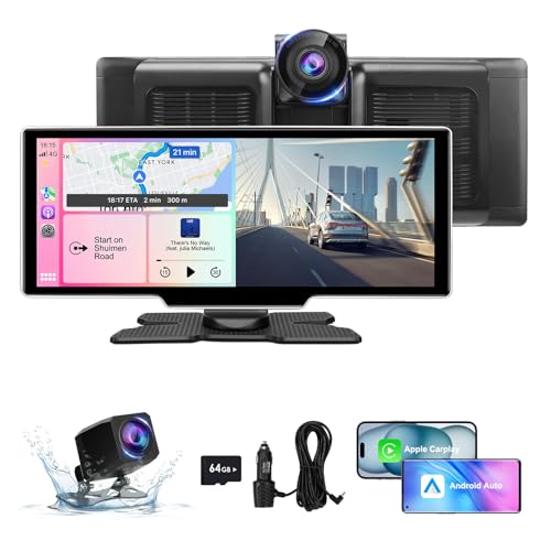 10.26" Wireless Carplay Screen for Car with 4K Dash Cam | Portable Car Play & Android Auto Touch Screen, 1080p Backup Camera, Mirror Link, Voice Control, GPS Navigation | for All Cars