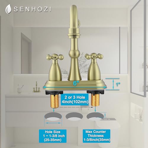 Antique Bathroom Faucet Brushed Gold, Senhozi Cross Handles Centerset Bathroom Faucet for Sink 3 Hole with Overflow Pop Up Drain Assembly and Supply Hose, SUS304 RV Bathroom Faucet 3 Hole, SE-0038-BG thumbnail 5