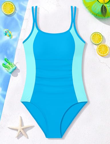 Image of CRISONE Girls One Piece Swimsuits Adjustable Straps Bathing Suit Color Block Padded Pool Beach Swimwear 9-16Y