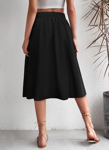 Herou Women's Casual Vintage Pleated A-Line Flared High Waist Elastic Button Front Black Midi Skater Skirt2