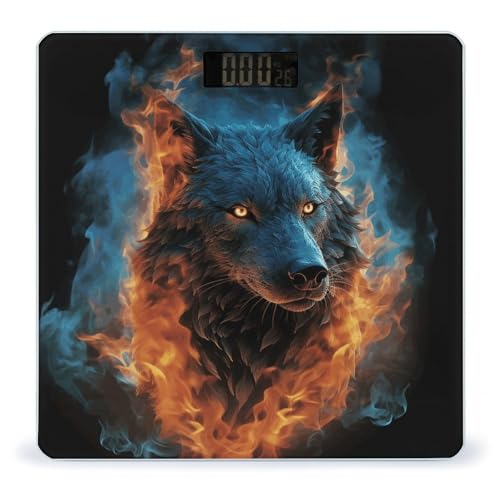 Báscula Digital de Baño con Cabeza de Lobo en Llamas Azules miniatura 1