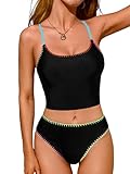 CUPSHE Women's Tankini Sets Scoop Neck Shell Stitch Two Piece Swimsuit Crisscross Strappy Mid Rise Swimwear, L Black