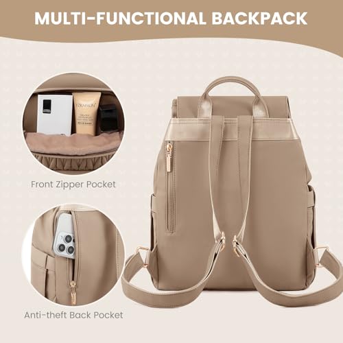 LOVEVOOK Rucksack Damen Klein, Elegant Cityrucksack Anti Diebstahl Tagesrucksack Schulrucksack Wasserdicht, Mini Casual Daypack Womens Backpack Modern für Schule Arbeit Reisen Wandern, Khaki – Bild 6
