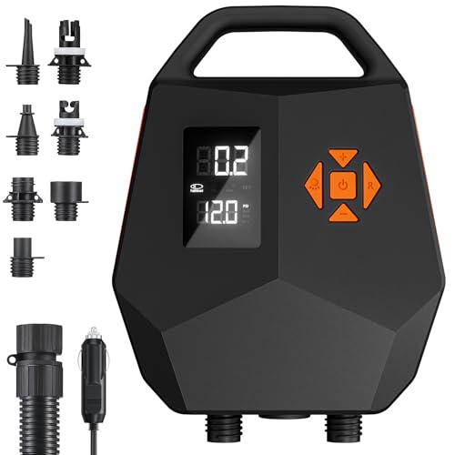Bomba eléctrica SUP 20 PSI – Bomba de aire de doble motor con parada automática, adaptador de coche 12 V para tablas hinchables, kayaks, barcos – Inflado silencioso y rápido