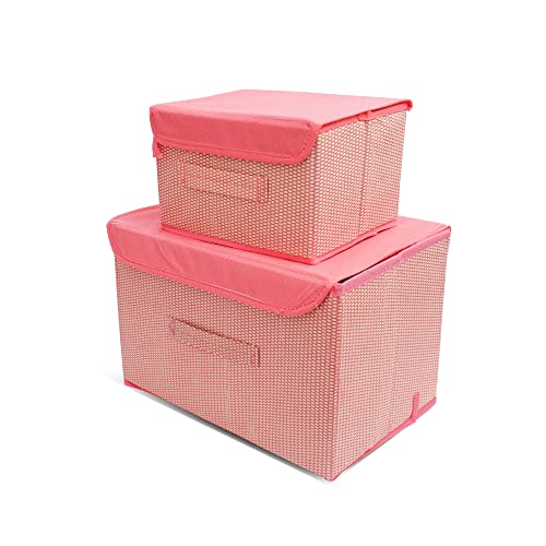 Image of STORE MORE Non Woven Big and Small Storage Box Wardrobe Closet Organizer Foldable Stackable Rectangular Basket /Bins with Lid & Handle (Pink, Set of 2)