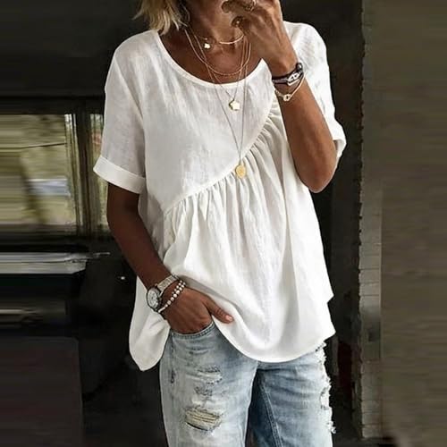 White V-neck gathered-waist short-sleeve peplum blouse