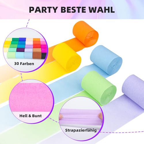 Fosdaling 30 Farben Krepppapier Bunt, Bunte Luftschlangen, Kreppband eignet sich für Richtfest & Partys & Feiertag, Pastell DIY Floristenkrepp（5cm×10m; Rot, Grün, Weiß, Blau, Schwarz, Rosa, Gelb usw）