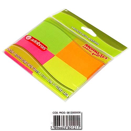 Bloco de Recado Adesivo Memonote, Cores Neon, 38x51 mm, 50 Folhas, Adelbras