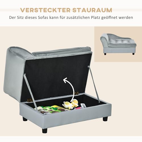 PawHut Hundesofa Hundebett Hundecouch aus Plüsch mit Lagerraum, Rückenlehne, Kissen Katzensofa für kleine Hunde 76 x 45 x 43 cm Hellgrau